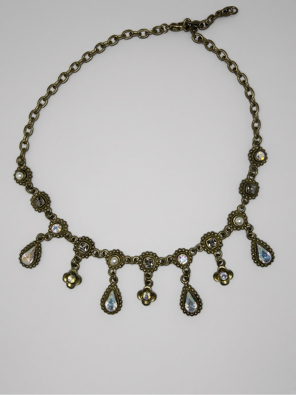 Vintage Antique Brass Aurora Borealis Crystal Teardrop Pearl Flower Necklace 17”